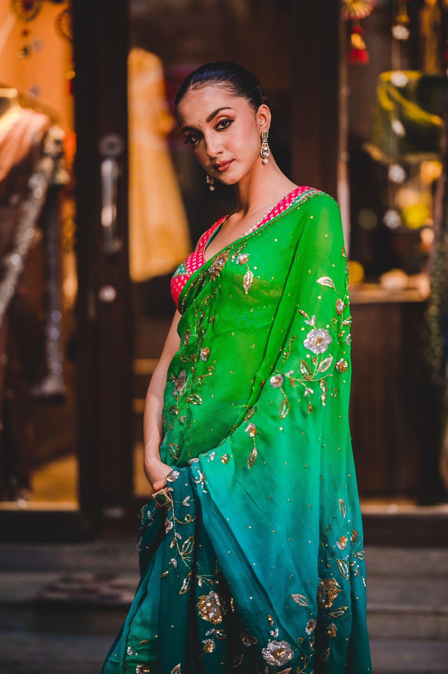 Green Blue Chiffon Saree