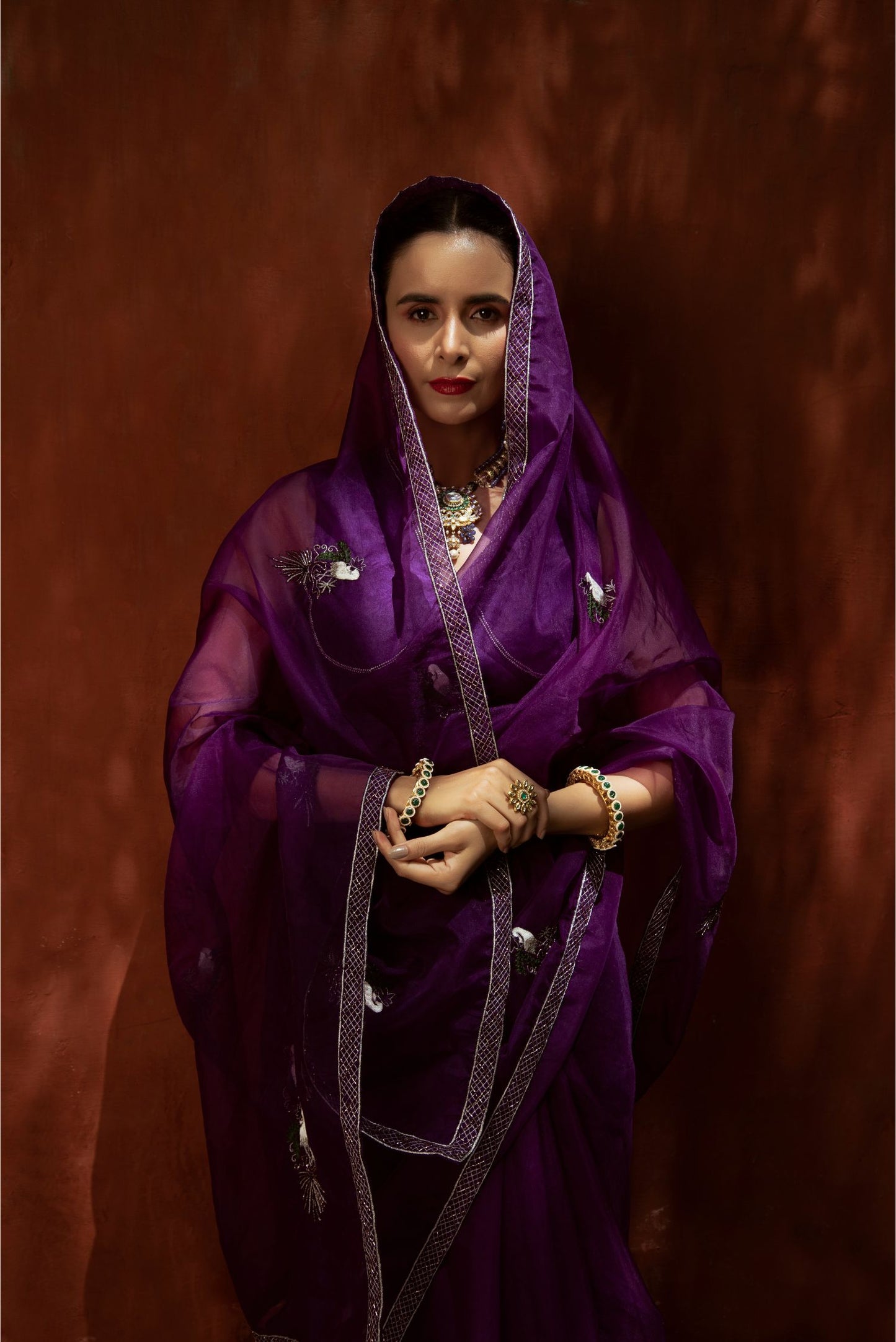 Purple Chinnon Chiffon Saree & Blouse Set
