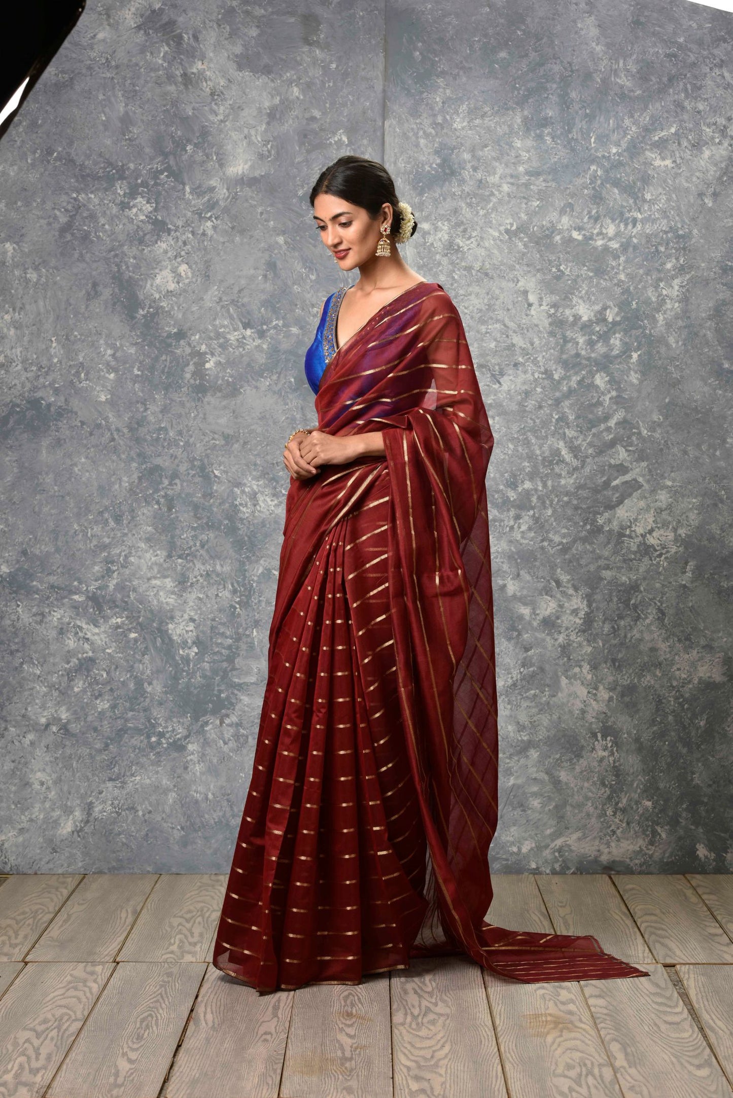 Maroon saree withgold stripe Chanderi Saree & unstitched blouse Set