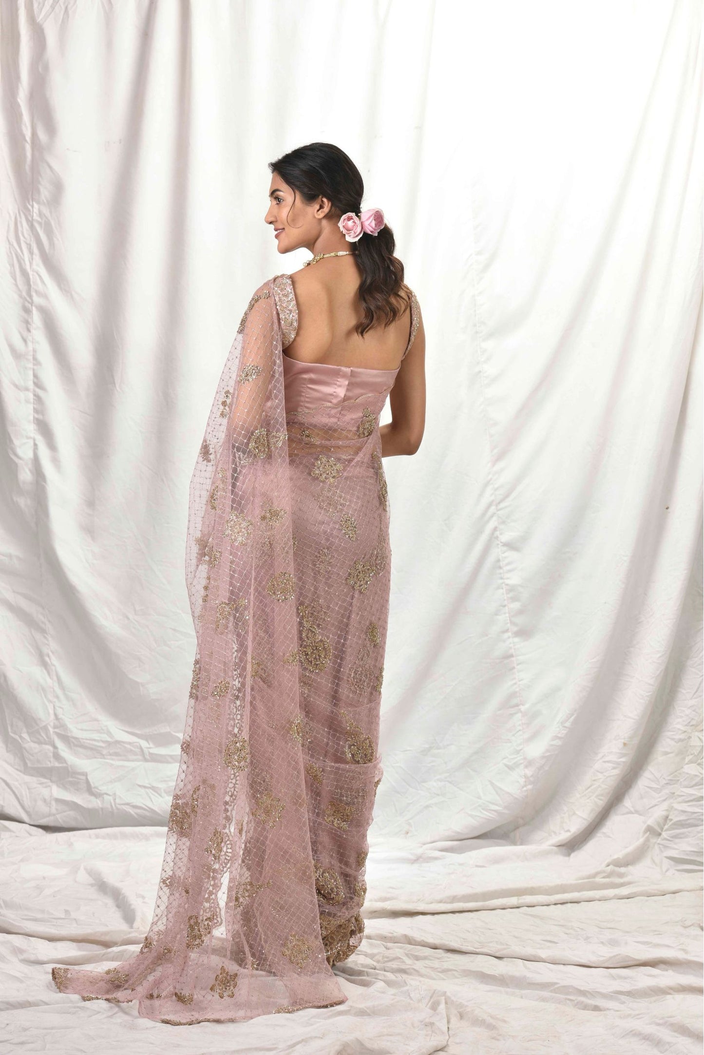 Pressed Rose net Saree & blouse Set