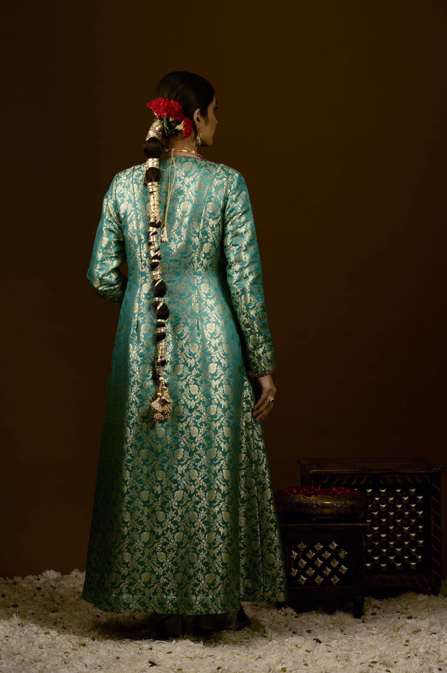 Green with Golden Long Jacket Banarasi