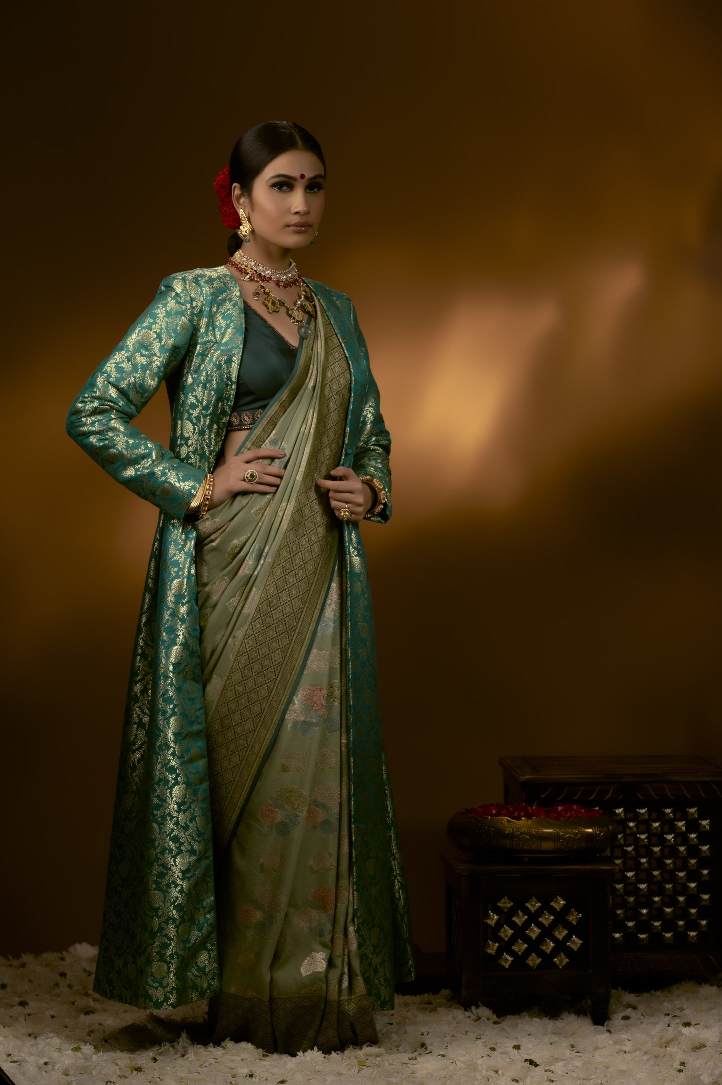 Green with Golden Long Jacket Banarasi