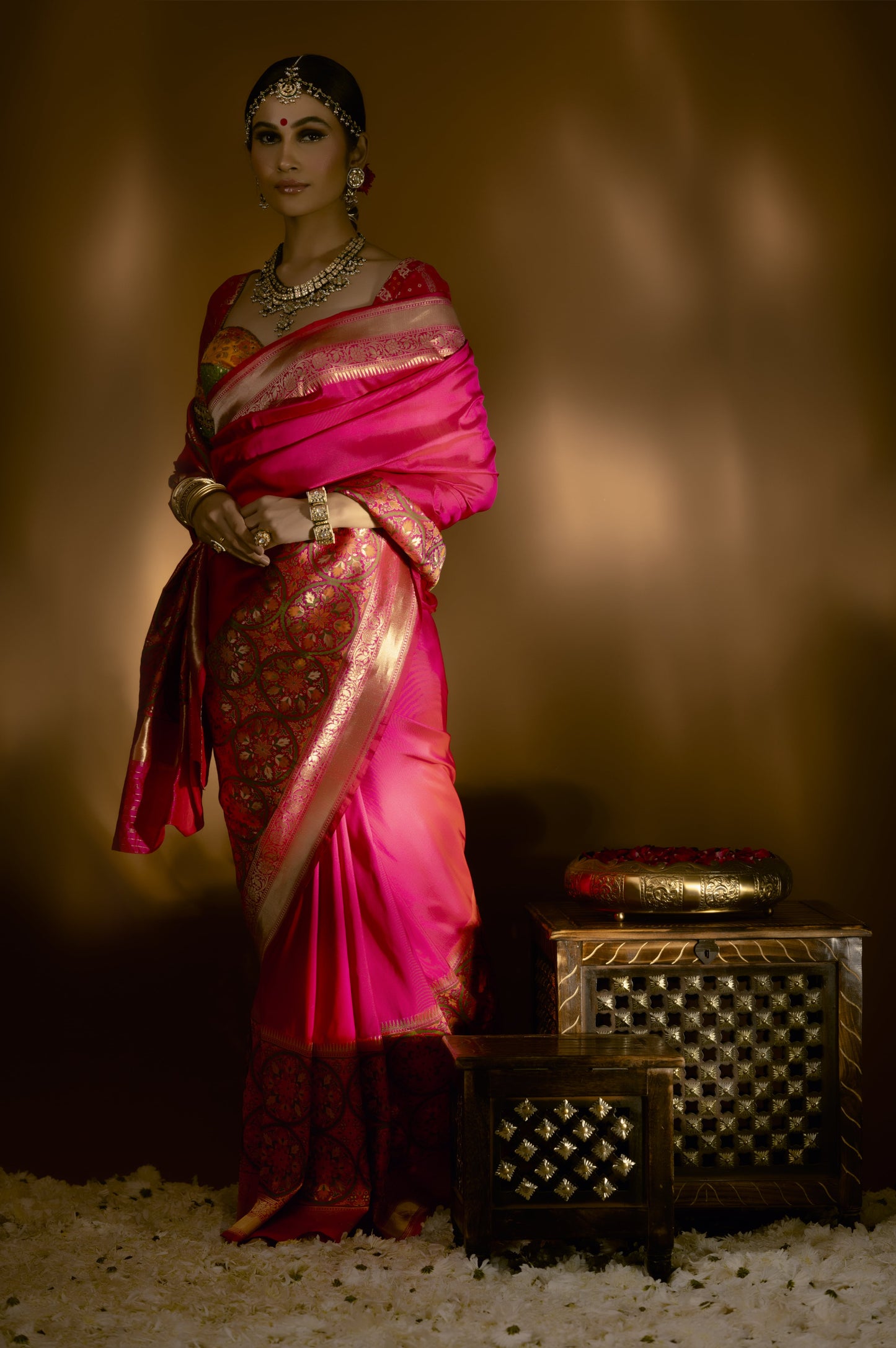 Dark Pink Geometrical Border Banarasi