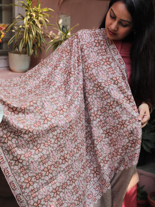 Sonpah Taupe Blossom, Rust Rosette Pashmina