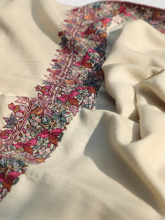 Phoolkari Sozni Pashmina, Gulbahaar Pashmina, Cream Blossom Sozni