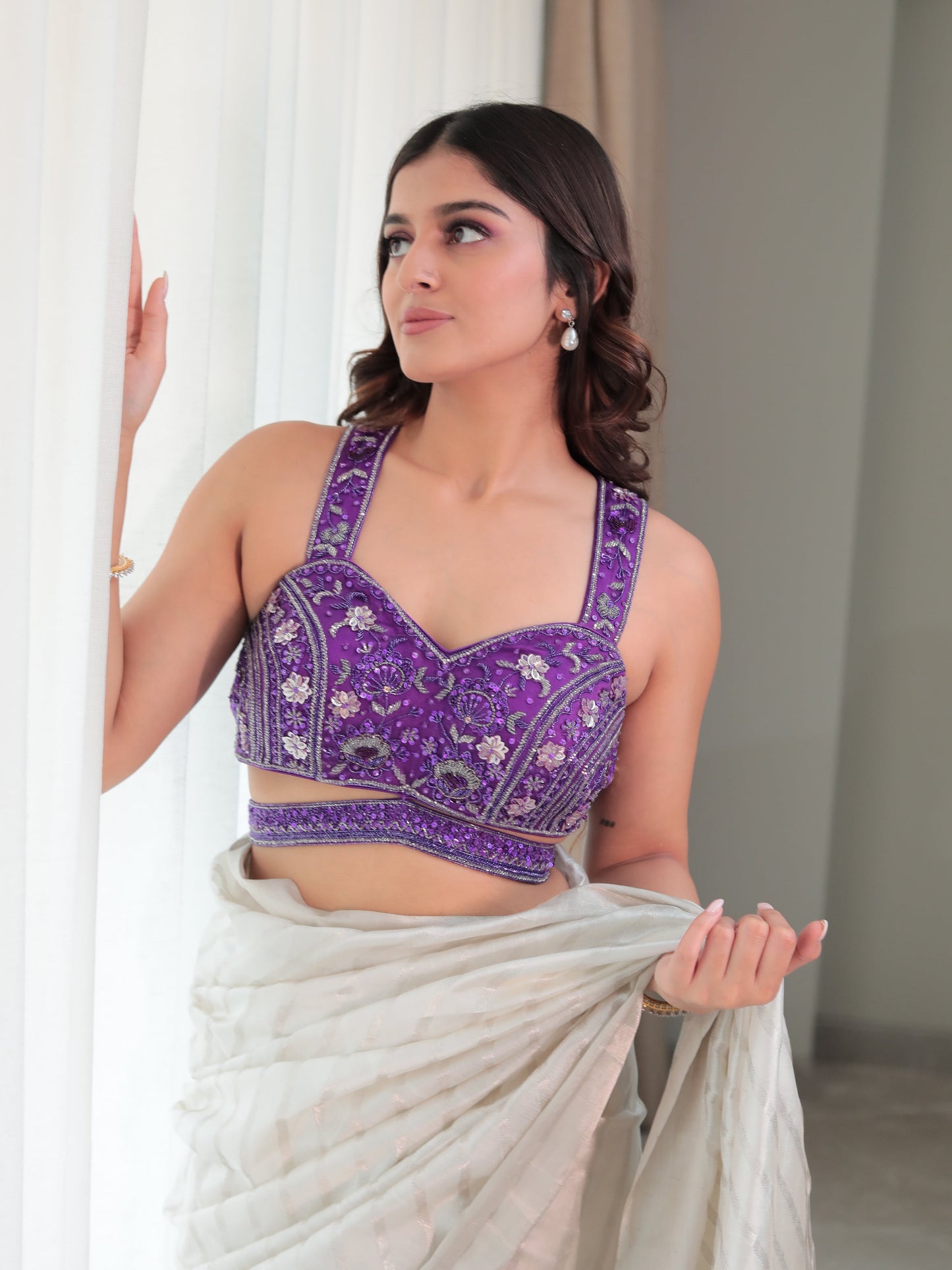 Purple Organza Embroidery Floral Sweetheart Neck Sequin Blouse