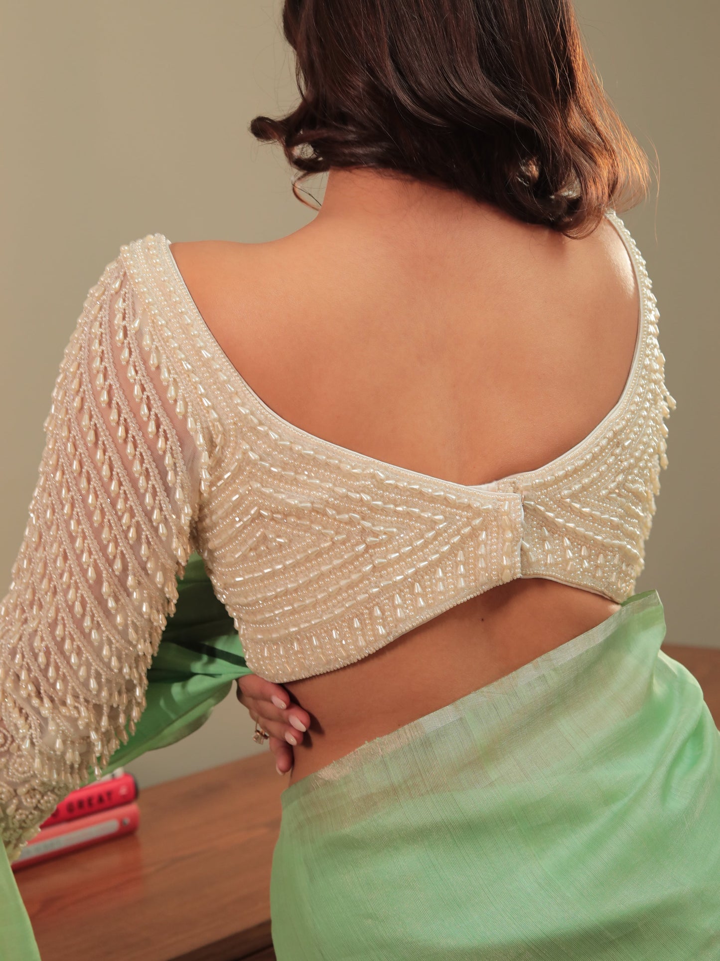 White Organza Embroidery Pearl Plunged Paan Neck Blouse