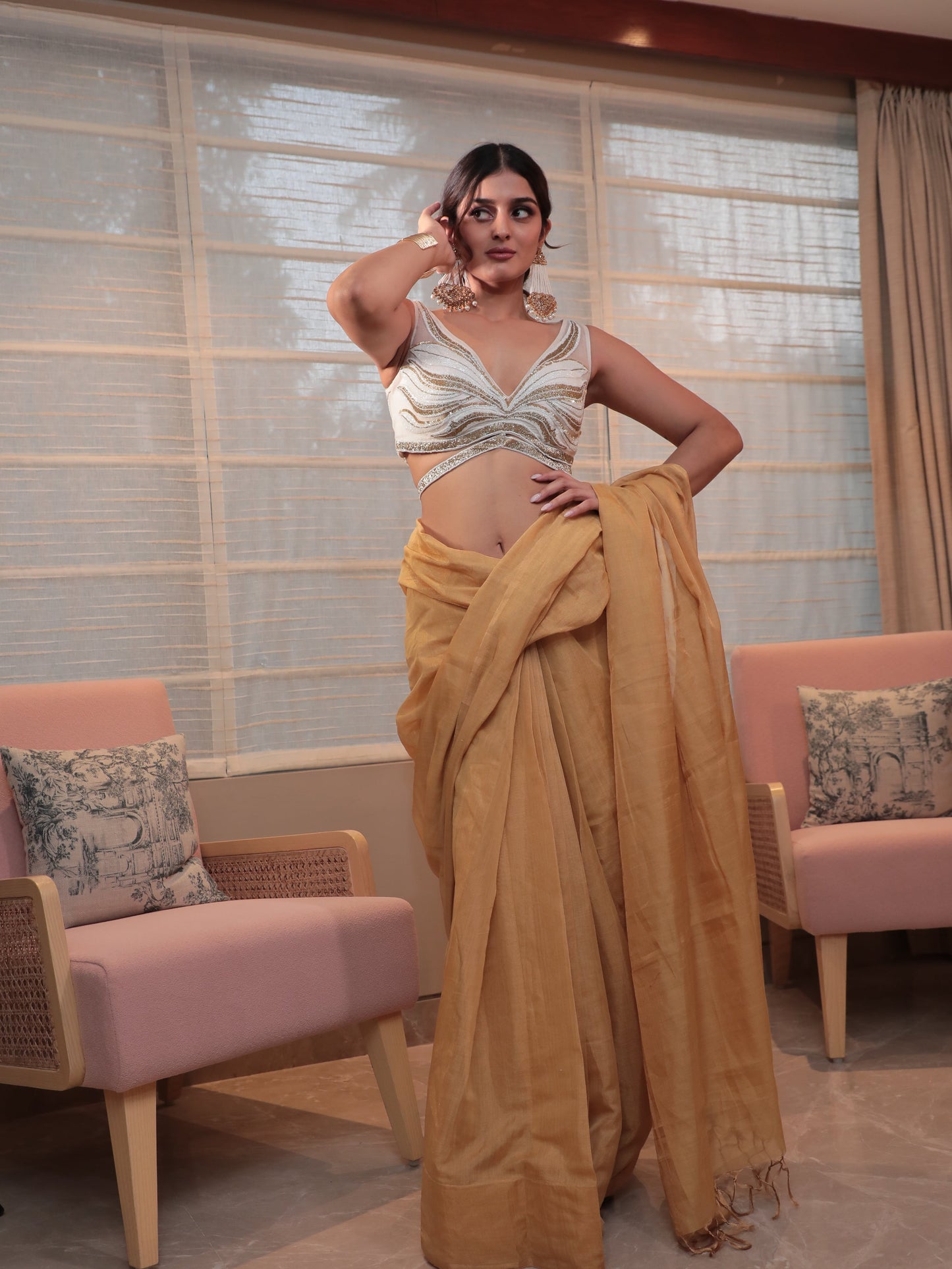 White Organza Embroidery Abstract Plunge Neck Hand Blouse