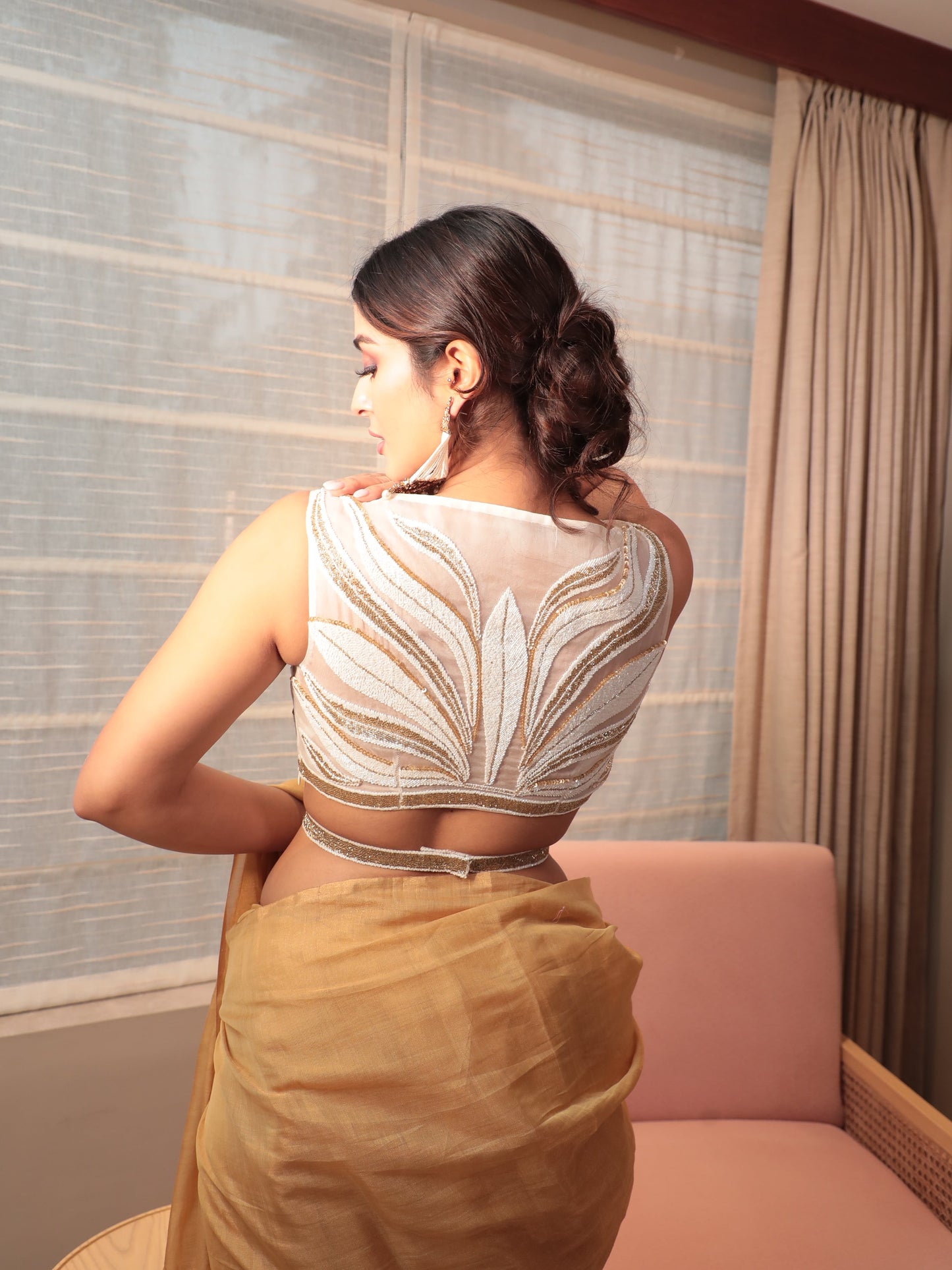 White Organza Embroidery Abstract Plunge Neck Hand Blouse