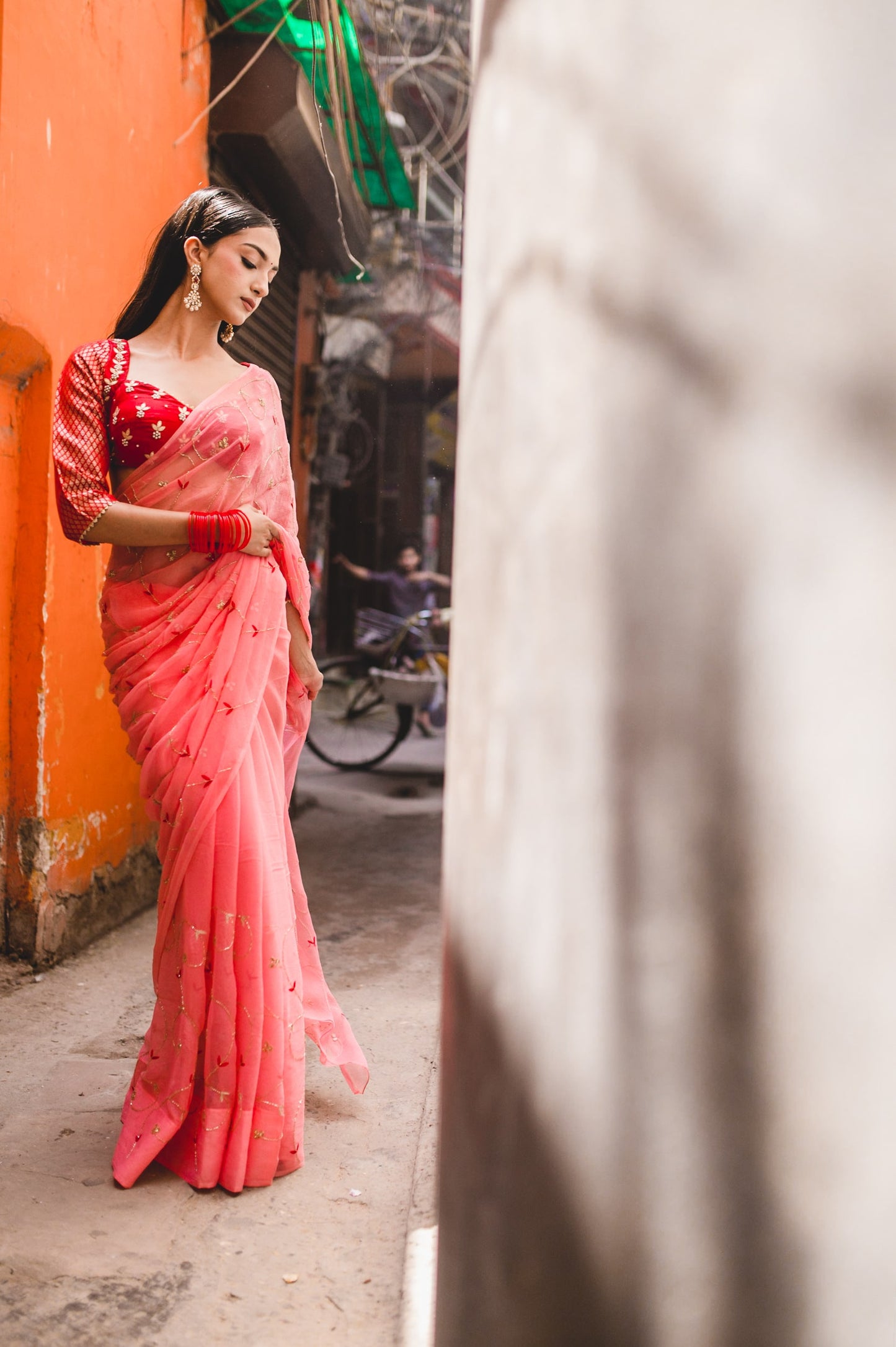 Peach Pink Chiffon Saree