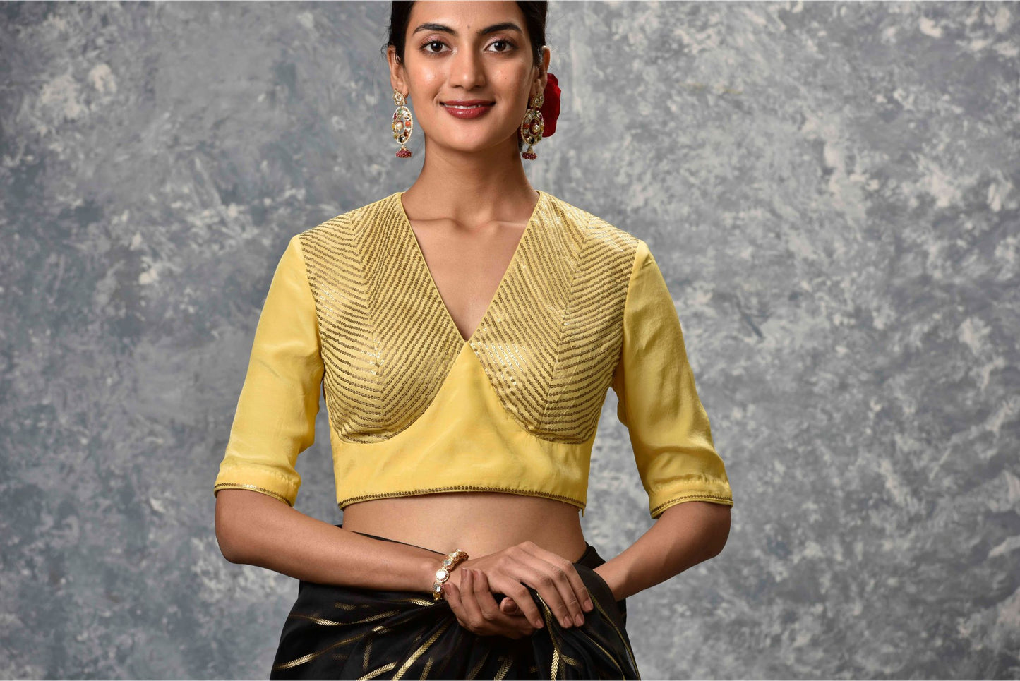black chanderi with gold stripe Chanderi Saree & unstitched blouse Set